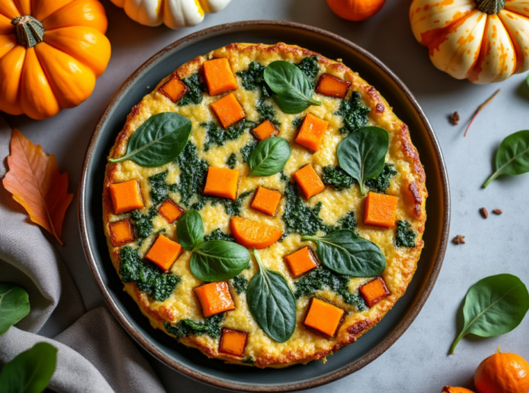 Butternut Squash and Spinach Frittata with garnishes, surrounded by small pumpkins and autumn leaves