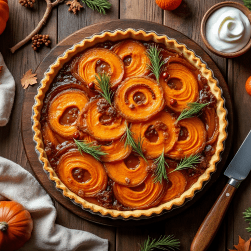 Close-up of a caramelized onion and sweet potato tart topped with fresh herbs and set in a cozy fall-themed setting.