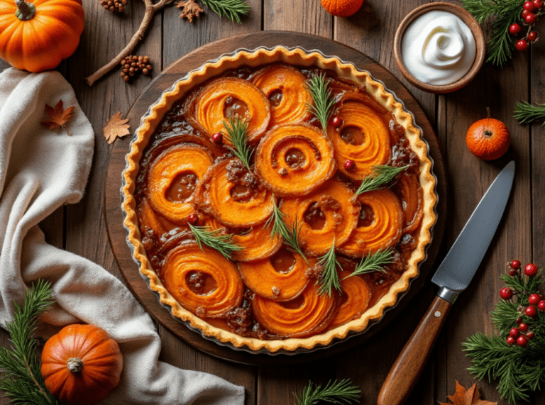 Close-up of a caramelized onion and sweet potato tart topped with fresh herbs and set in a cozy fall-themed setting.