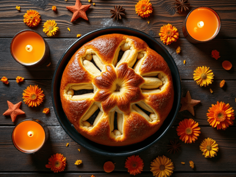 Beautiful Pan de Muertos with flower and bone designs, garnished with Día de los Muertos candles and marigold flowers.