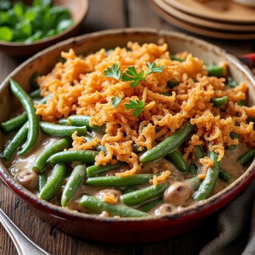 Green Bean Casserole topped with fried onions in a red baking dish, ready to serve