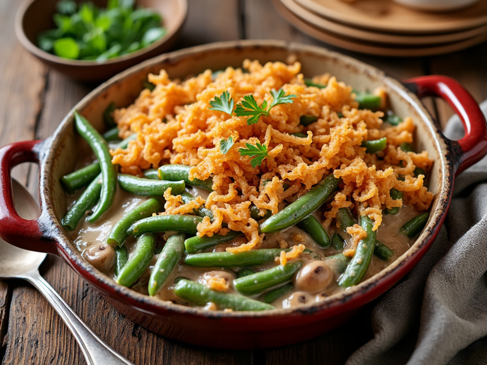 Green Bean Casserole topped with fried onions in a red baking dish, ready to serve