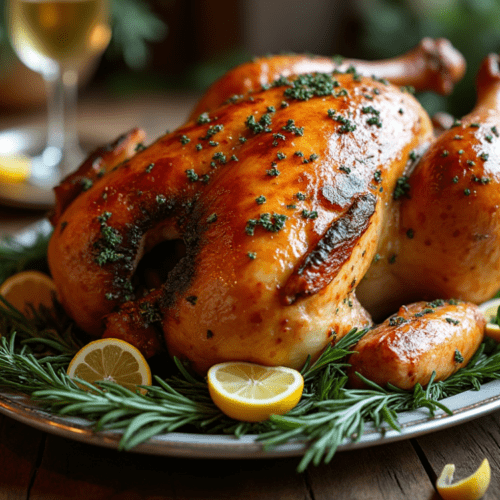 Close-up of golden-brown roasted turkey with garlic and herbs on a bed of rosemary and lemon