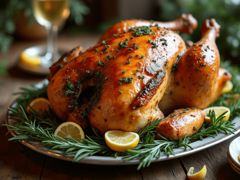 Close-up of golden-brown roasted turkey with garlic and herbs on a bed of rosemary and lemon