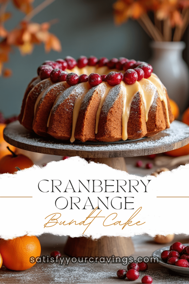 A Cranberry Orange Bundt Cake decorated with cranberries in a warm kitchen with fall decorations.