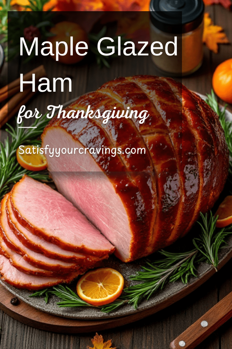 Holiday-themed maple glazed ham with a call-to-action overlay for Thanksgiving recipes.