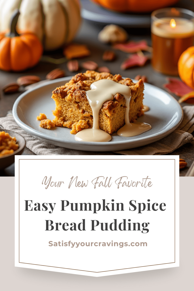 A slice of pumpkin spice bread pudding on a plate, with a text overlay reading, "Easy Pumpkin Spice Bread Pudding." The background features pumpkins and autumn decor.