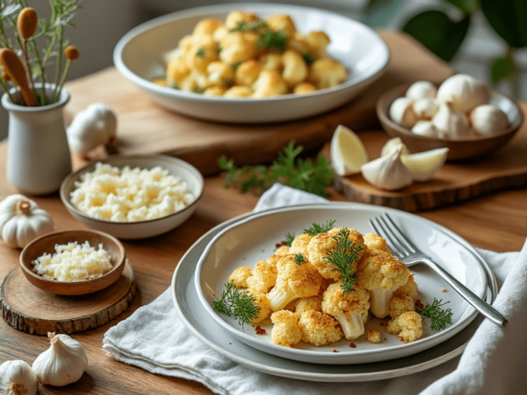 A cozy table setting featuring garlic parmesan roasted cauliflower and bowls of garlic and cheese.