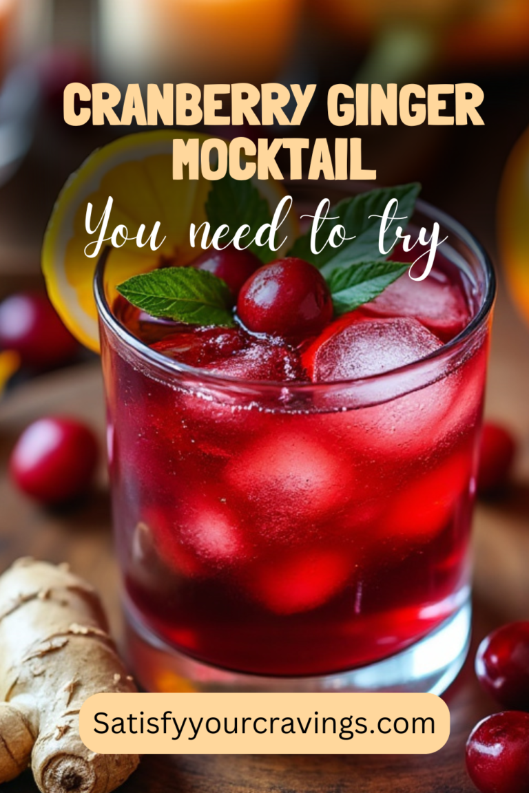 Close-up of cranberry ginger mocktail with a cranberry, mint, and lemon garnish, text overlay saying "Cranberry Ginger Mocktail – You need to try.