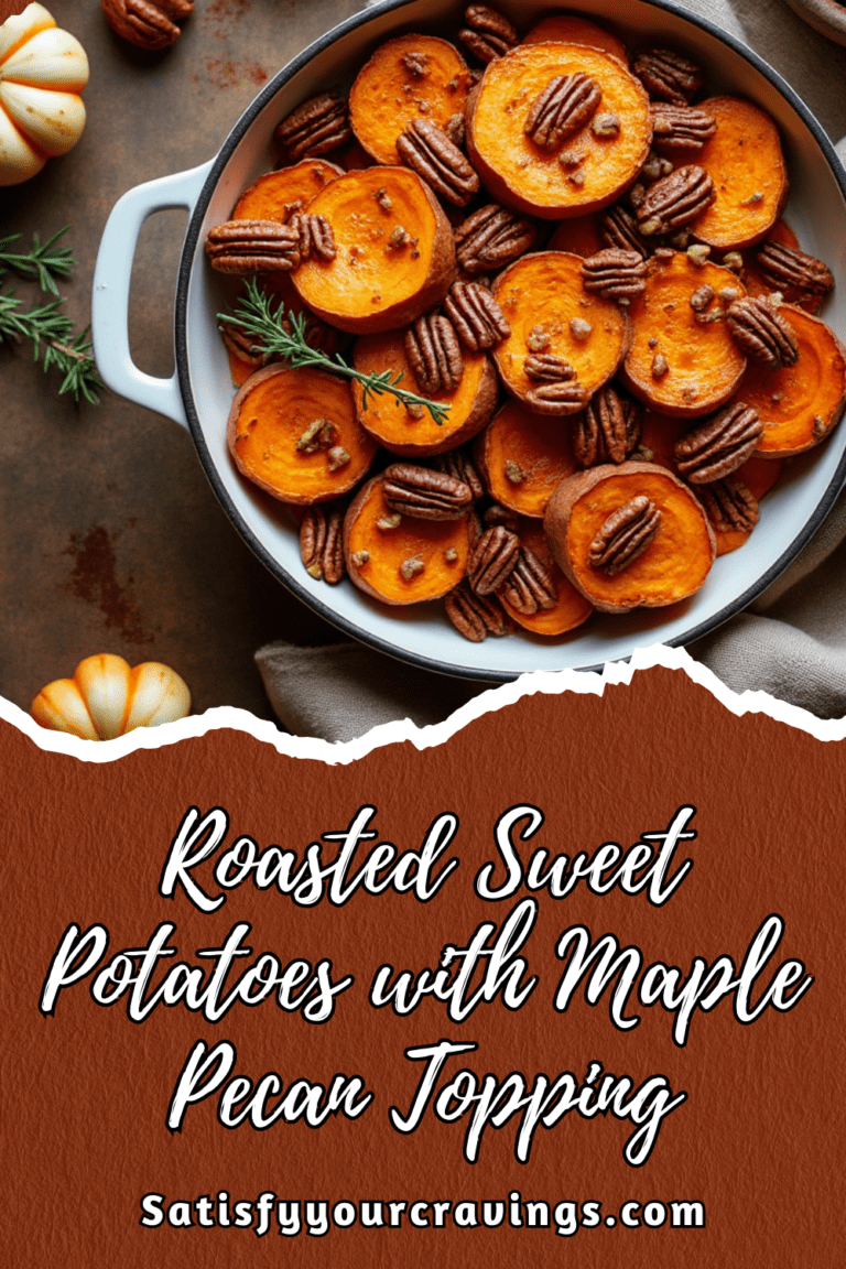 Social media graphic for Roasted Sweet Potatoes with Maple Pecan Topping, featuring the dish in a white pan with text overlay.