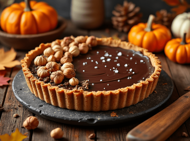 Chocolate hazelnut tart topped with whole hazelnuts and sea salt, set on a slate board with rustic autumn decor including leaves, pumpkins, and hazelnuts.