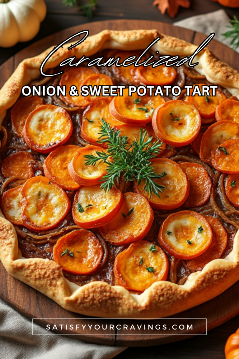 Sweet potato tart garnished with rosemary and cranberries, surrounded by pumpkins and pine branches.