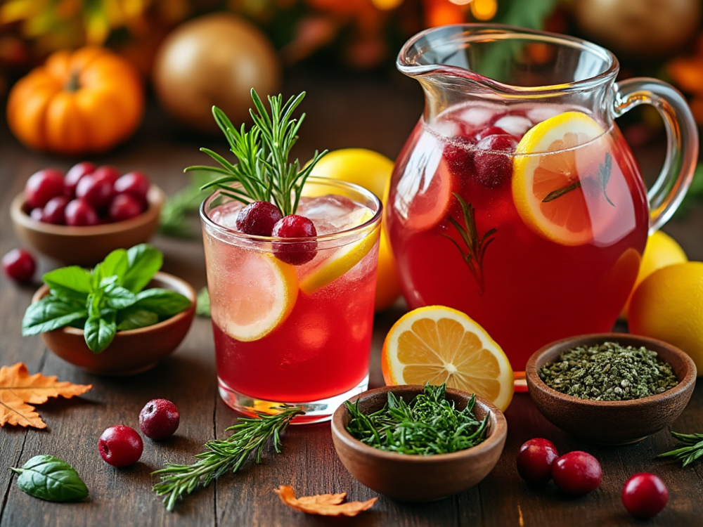 A pitcher and glass of cranberry rosemary lemonade, accompanied by fresh herb bowls and fall decor on a wooden table.