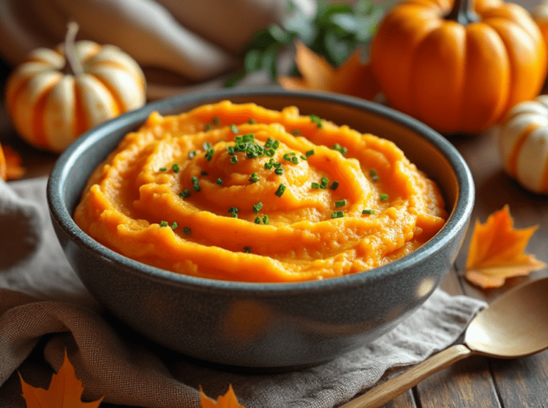 A bowl of Sweet Potato and Cauliflower Mash garnished with chives, surrounded by autumn leaves and mini pumpkins.