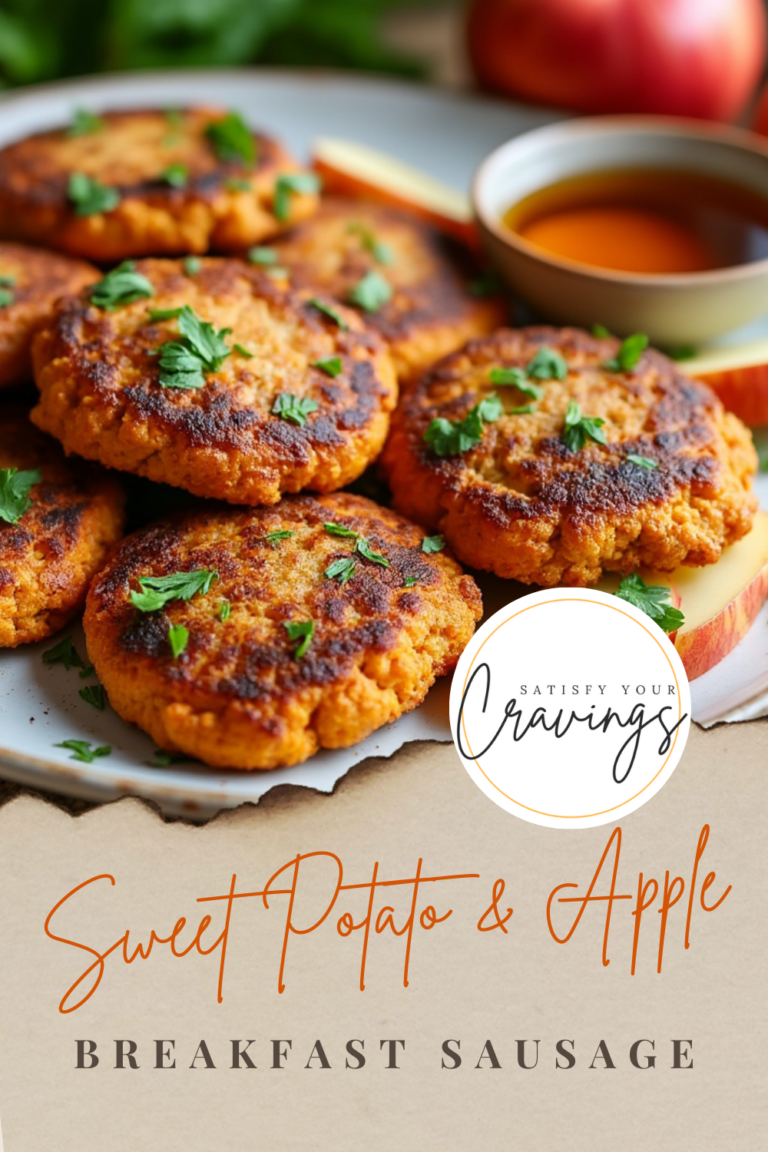 Sweet Potato and Apple Breakfast Sausages with “Satisfy Your Cravings” branding.