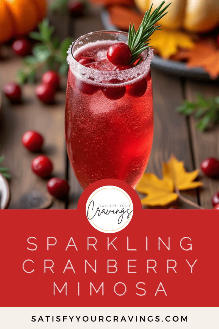 A close-up of a Sparkling Cranberry Mimosa garnished with cranberries and rosemary, set against a Thanksgiving-themed table with branded text overlay.