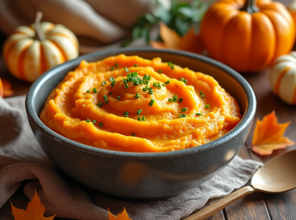 A bowl of Sweet Potato and Cauliflower Mash garnished with chives, surrounded by autumn leaves and mini pumpkins.