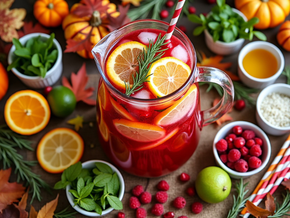 A pitcher of cranberry rosemary lemonade surrounded by various fruit and herb garnishes, ready for a fall gathering.