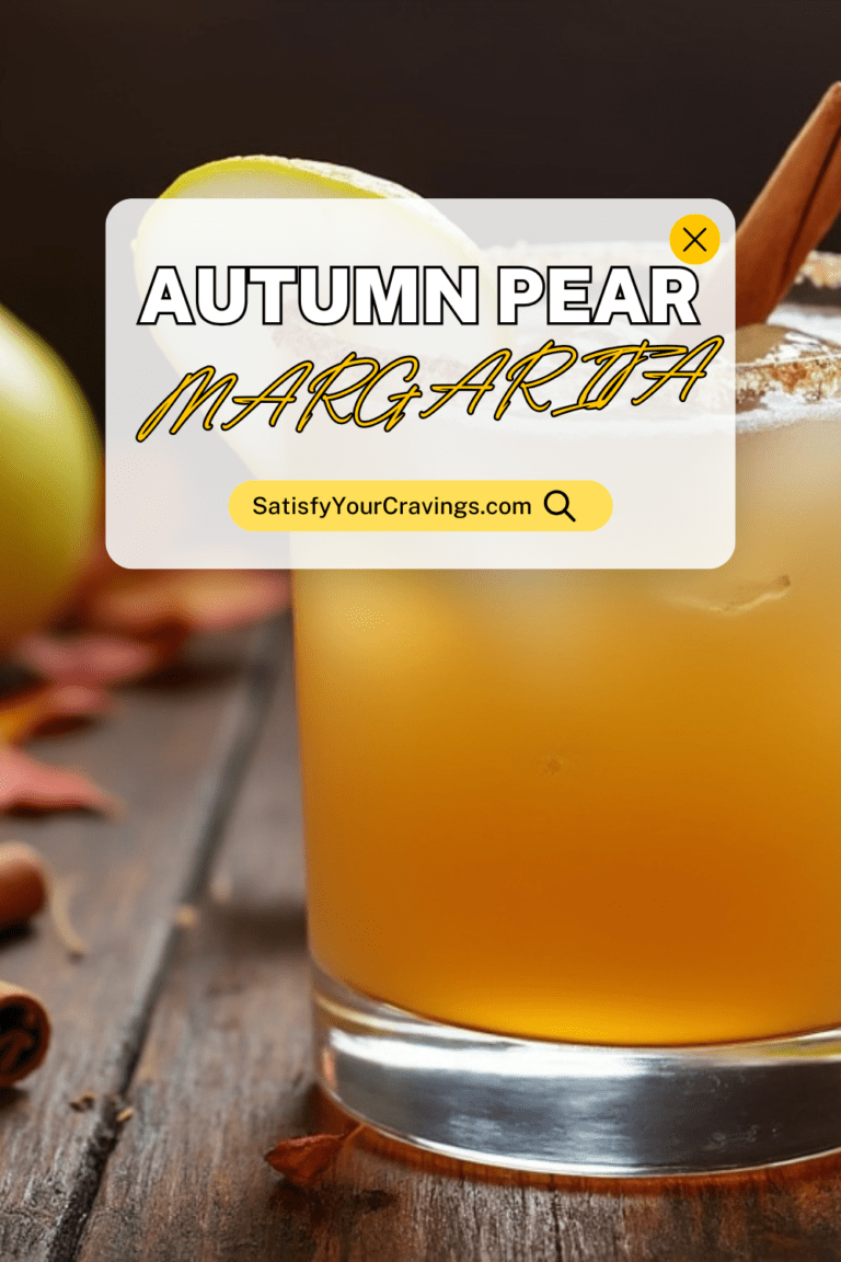 Autumn Pear Margarita with cinnamon stick garnish and a pear slice, on a rustic table with fall leaves and decor.