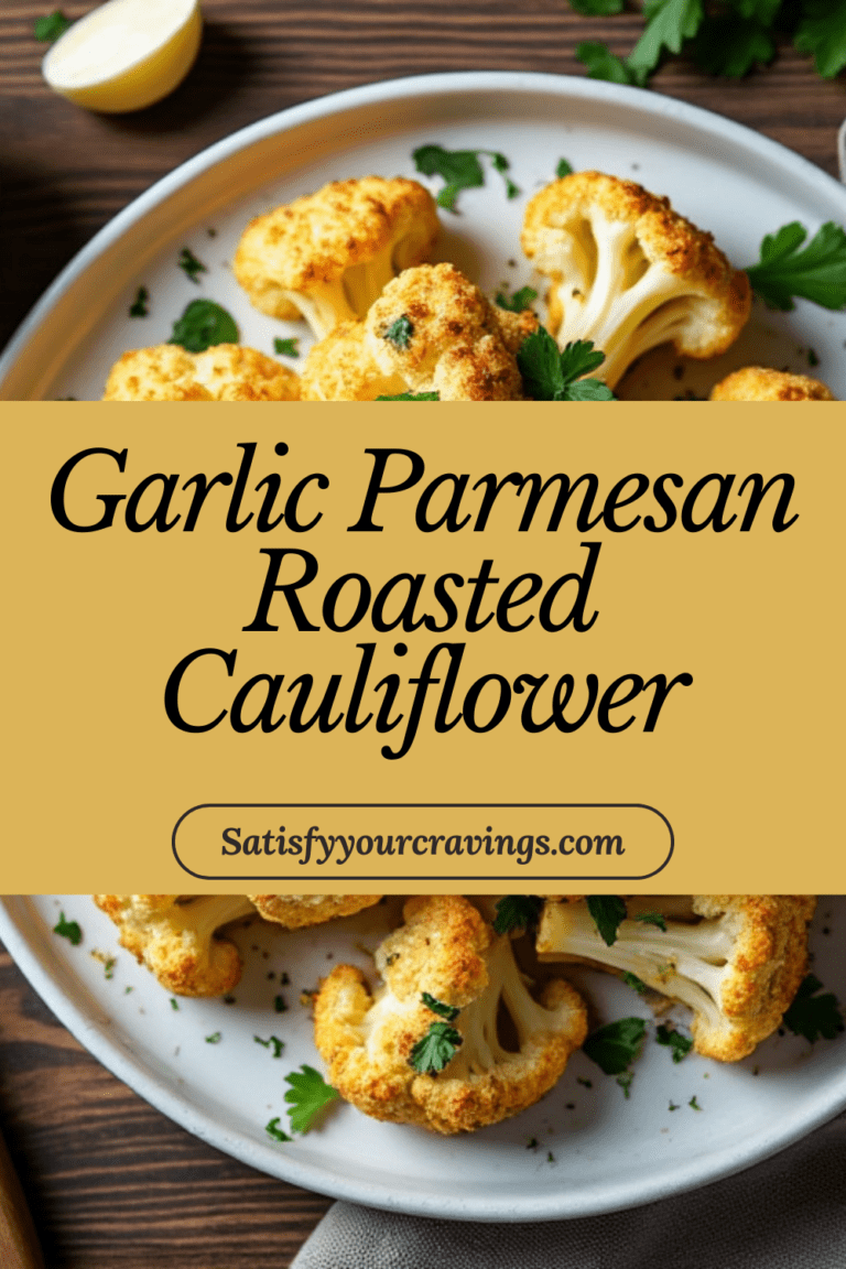 A Pinterest pin showcasing garlic parmesan roasted cauliflower with a “Satisfy Your Cravings” banner.