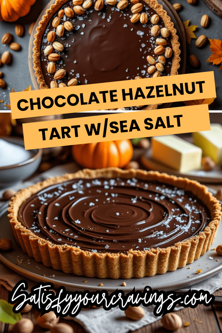 Collage of chocolate hazelnut tarts with sea salt, featuring the blog name Satisfyyourcravings.com in a stylish script.