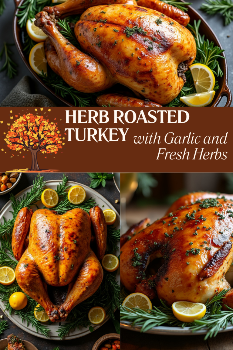 Herb-roasted turkey with garlic, fresh herbs, and lemons, presented in different settings