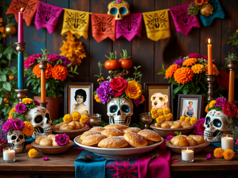 Traditional Mexican Día de los Muertos altar with Pan de Muertos, sugar skulls, marigold flowers, candles, and framed photos of loved ones