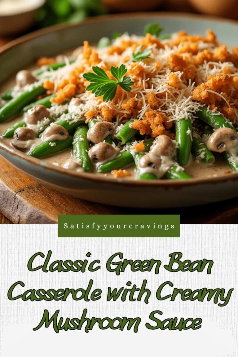 Classic Green Bean Casserole with Creamy Mushroom Sauce and crispy topping on Satisfy Your Cravings