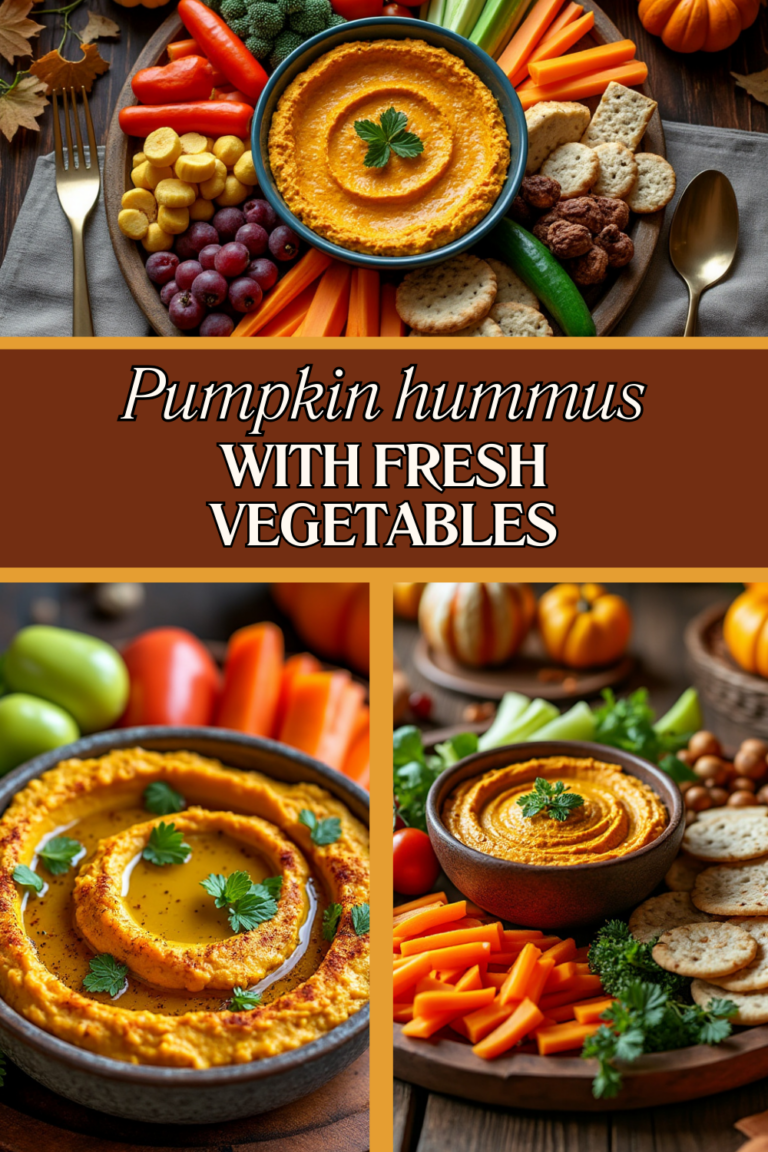 Collage of pumpkin hummus platter images with fresh vegetables and crackers, styled with warm fall-themed elements.