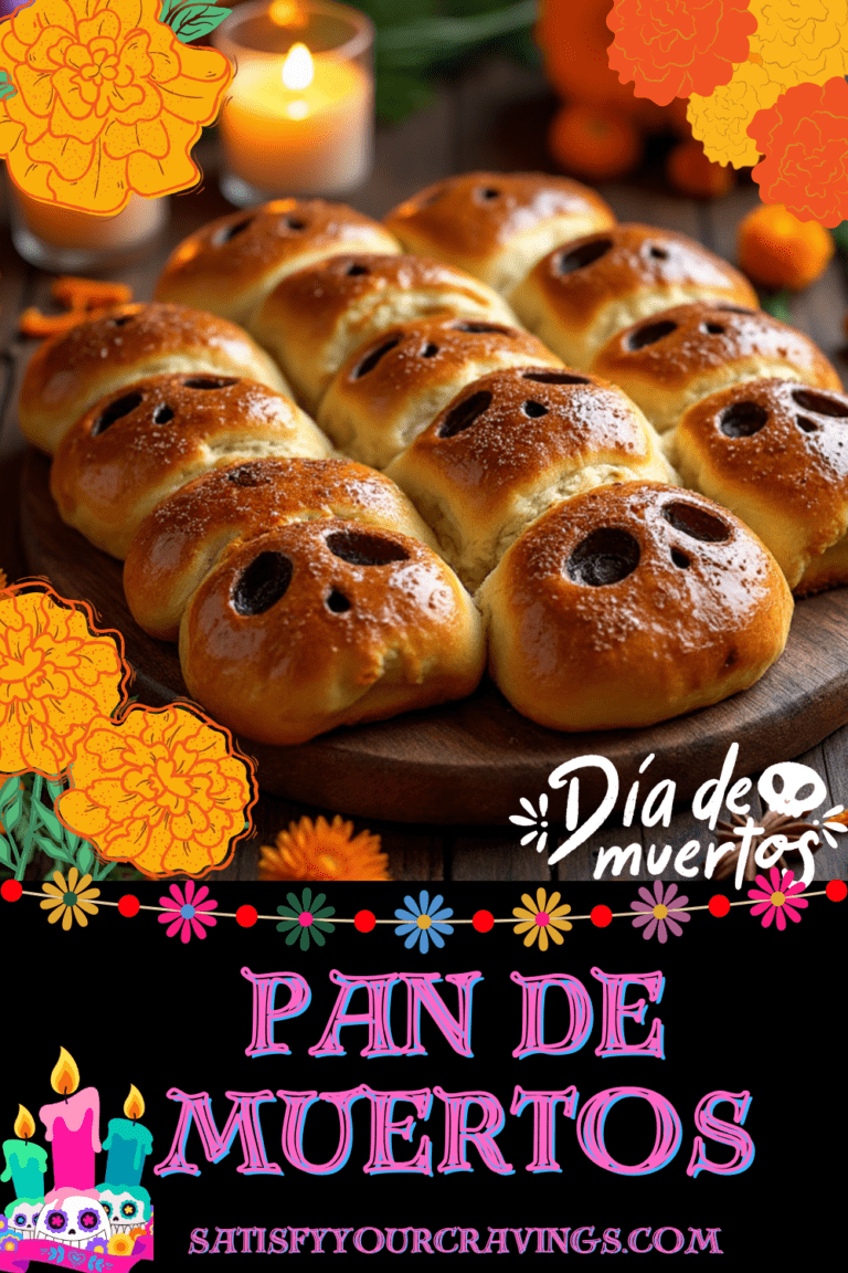 Pan de Muertos skull-shaped rolls with Día de los Muertos decorations and candles, perfect for celebrating Mexican tradition.