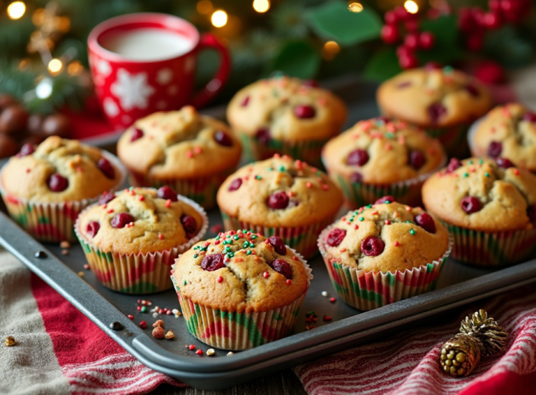 A tray of freshly baked Christmas muffins topped with cranberries and festive red and green sprinkles, surrounded by holiday-themed decor.