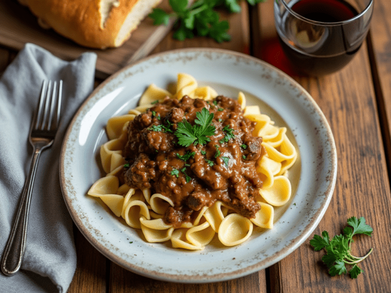 A plate of slow cooker beef stroganoff served over egg noodles with a garnish of parsley, placed on a wooden table with bread and a glass of wine.