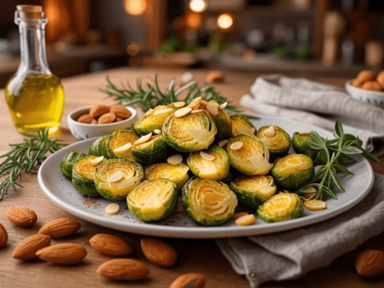 A plate of roasted Brussels sprouts garnished with sliced almonds, surrounded by fresh rosemary, almonds, and olive oil.