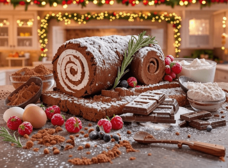 A festive chocolate yule log surrounded by ingredients like cocoa powder, eggs, and sugar, displayed on a decorated Christmas kitchen counter.