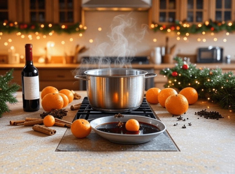 A pot of mulled wine steaming on a stovetop surrounded by oranges, spices, and a bottle of red wine in a bright Christmas-decorated kitchen.