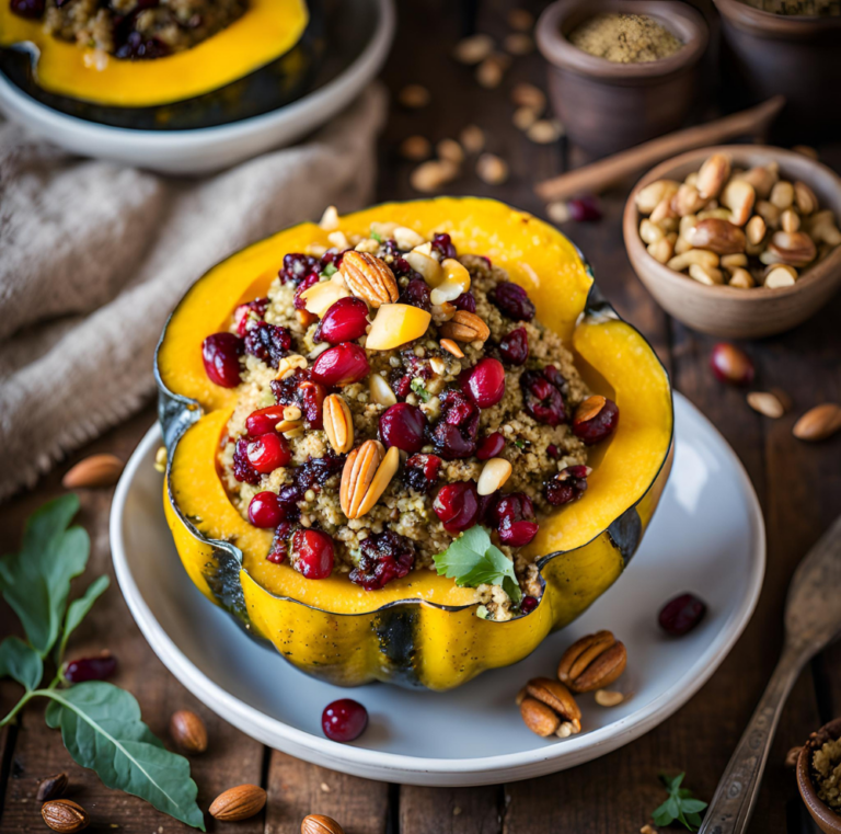 Close-up of roasted acorn squash filled with quinoa, cranberries, and almonds on a white plate.