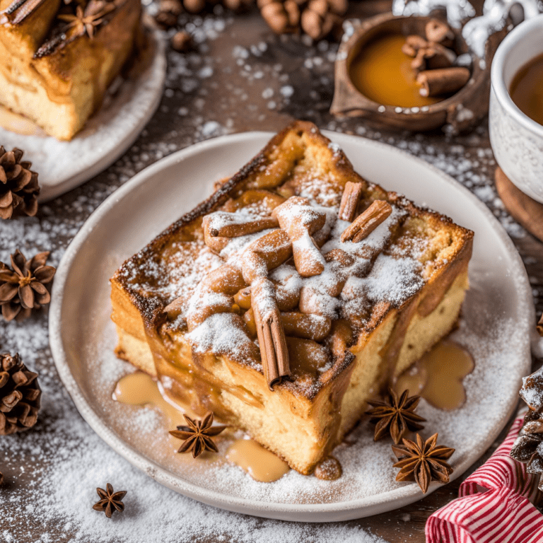 A close-up of a slice of Eggnog French Toast Bake topped with powdered sugar, cinnamon sticks, and caramel sauce.