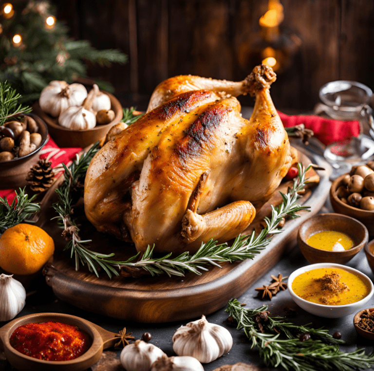 Golden roasted chicken on a wooden platter surrounded by fresh herbs, garlic, and spices, set in a cozy Christmas-themed dining scene.