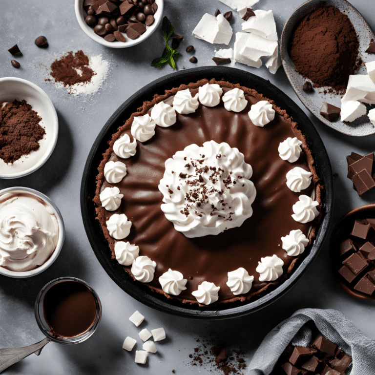 A rich chocolate pie with a smooth surface, decorated with dollops of whipped cream around the edges and a generous central swirl of cream topped with chocolate shavings. Surrounding ingredients like cocoa powder, chocolate chunks, and marshmallows are neatly arranged.