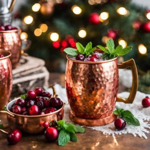 Festive Cranberry Moscow Mule in a Copper Mug with Fresh Cranberries and Mint Garnish