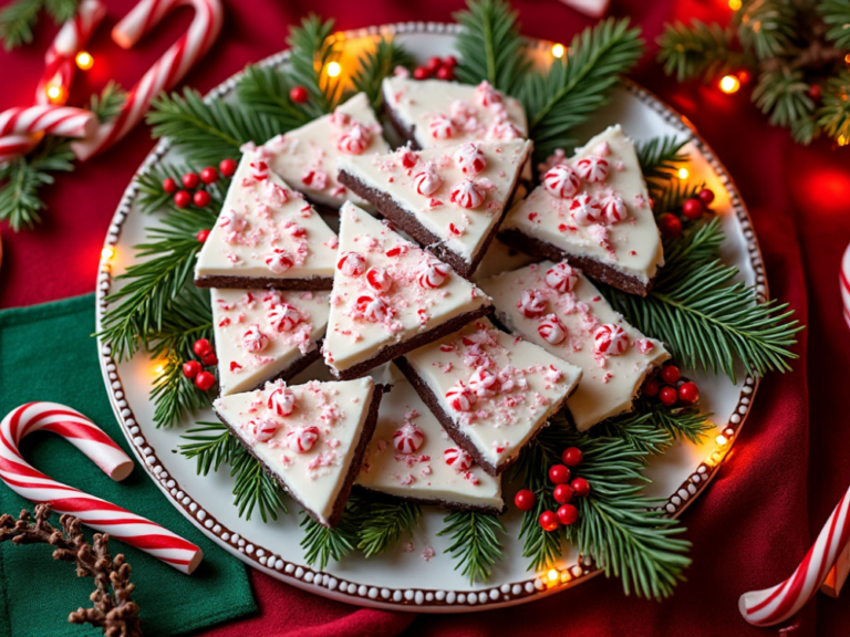 Festive plate of homemade peppermint bark surrounded by candy canes and holiday decorations.