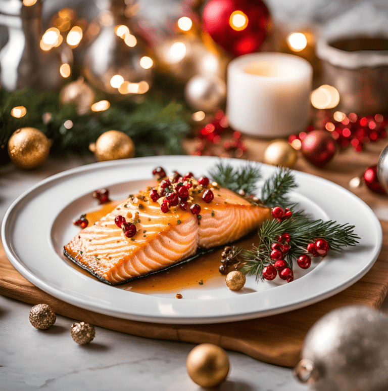 Festive baked salmon with maple glaze garnished with cranberries and rosemary on a white plate surrounded by Christmas decorations.