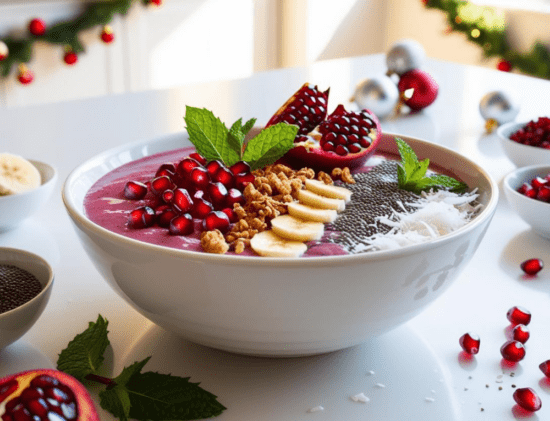 A festive pomegranate smoothie bowl garnished with pomegranate arils, granola, banana slices, chia seeds, and mint leaves, surrounded by holiday-themed decorations.