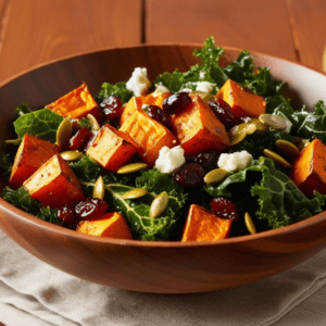 Roasted sweet potato and kale salad in a wooden bowl with dressing in the background.