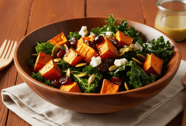 Roasted sweet potato and kale salad in a wooden bowl with dressing in the background.