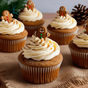 Festive gingerbread cupcakes topped with cream cheese frosting and gingerbread men on a holiday table.