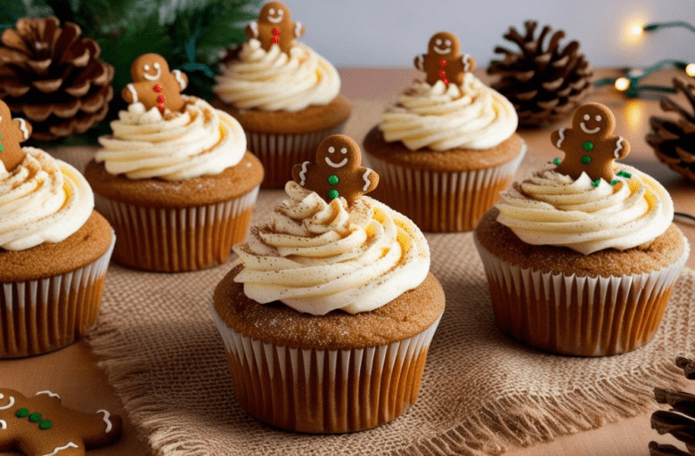 Festive gingerbread cupcakes topped with cream cheese frosting and gingerbread men on a holiday table.