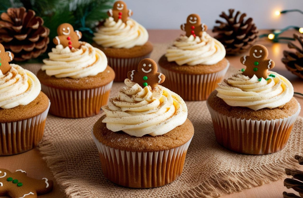 Festive gingerbread cupcakes topped with cream cheese frosting and gingerbread men on a holiday table.