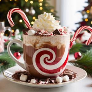 Festive mug of peppermint hot chocolate topped with whipped cream, candy canes, and chocolate, surrounded by holiday decorations.