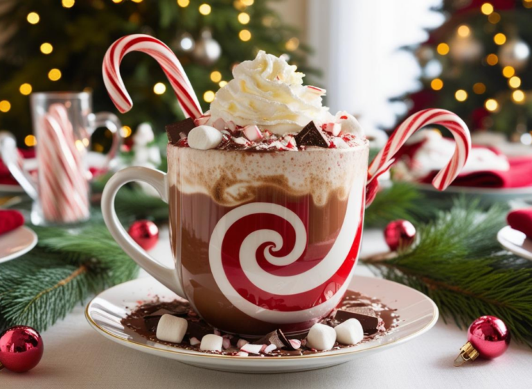 Festive mug of peppermint hot chocolate topped with whipped cream, candy canes, and chocolate, surrounded by holiday decorations.